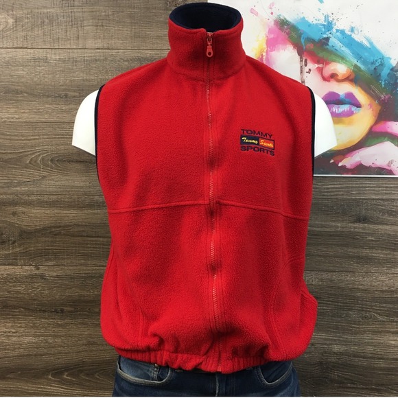Tommy Hilfiger Sports Other - VINTAGE Tommy Hilfiger Sports Red Fleece Vest Mens Medium Full Zip Logo Collar‎